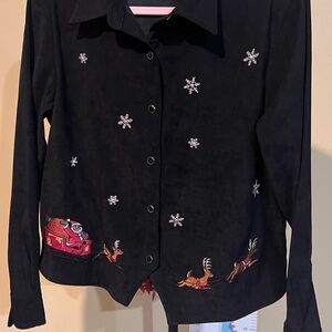Bill Blass Jeans Santa & Reindeer Embroidered Christmas Button-Up Top – Black